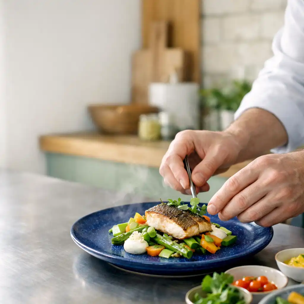 Main d’un cuisinier dressant une assiette sur un plan de travail lumineux