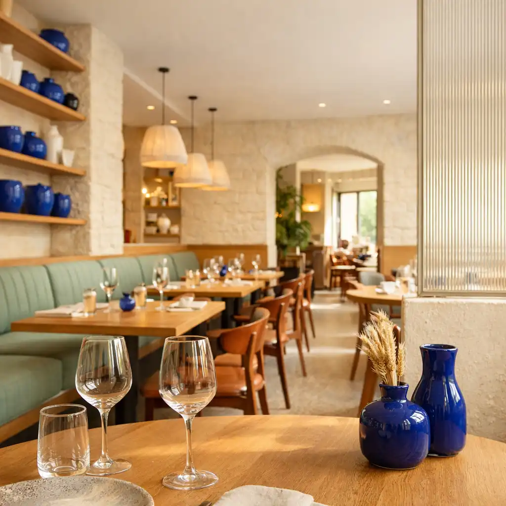 Salle lumineuse d’un restaurant contemporain avec bois clair, assises vert amande et détails de céramique
