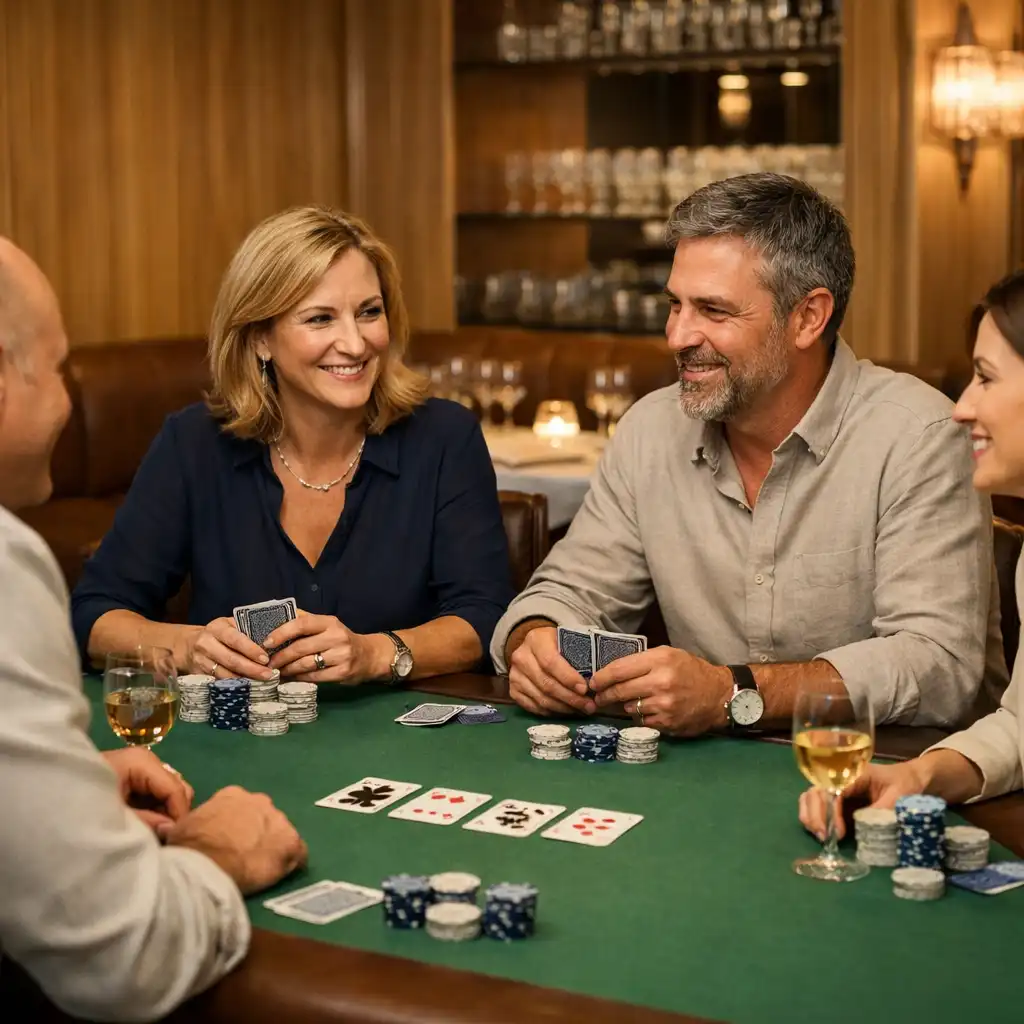 Adultes réunis autour d’une table de poker physique avec cartes et jetons dans un intérieur de restaurant