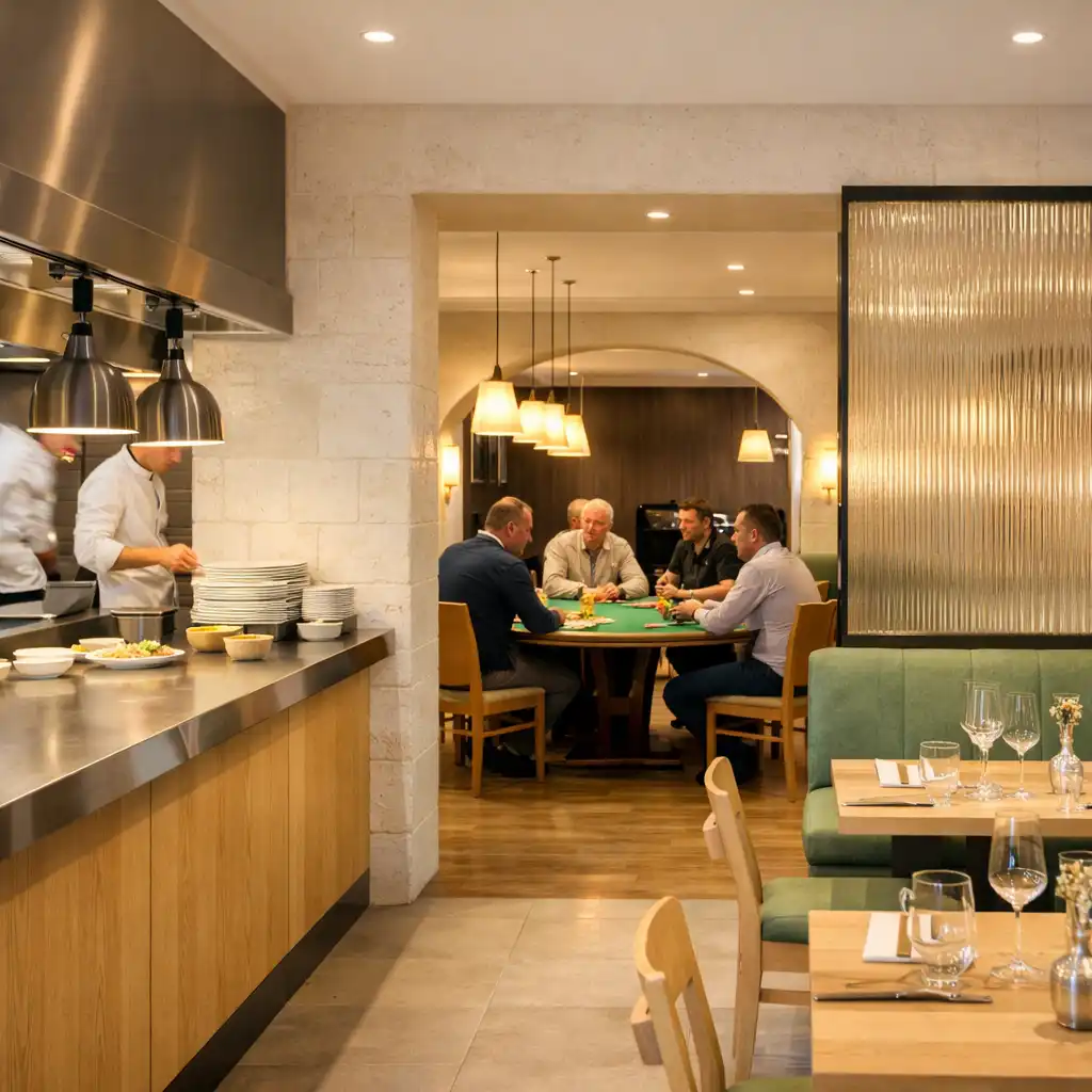 Cuisine ouverte lumineuse conduisant vers un Salon de Poker avec de vraies tables physiques