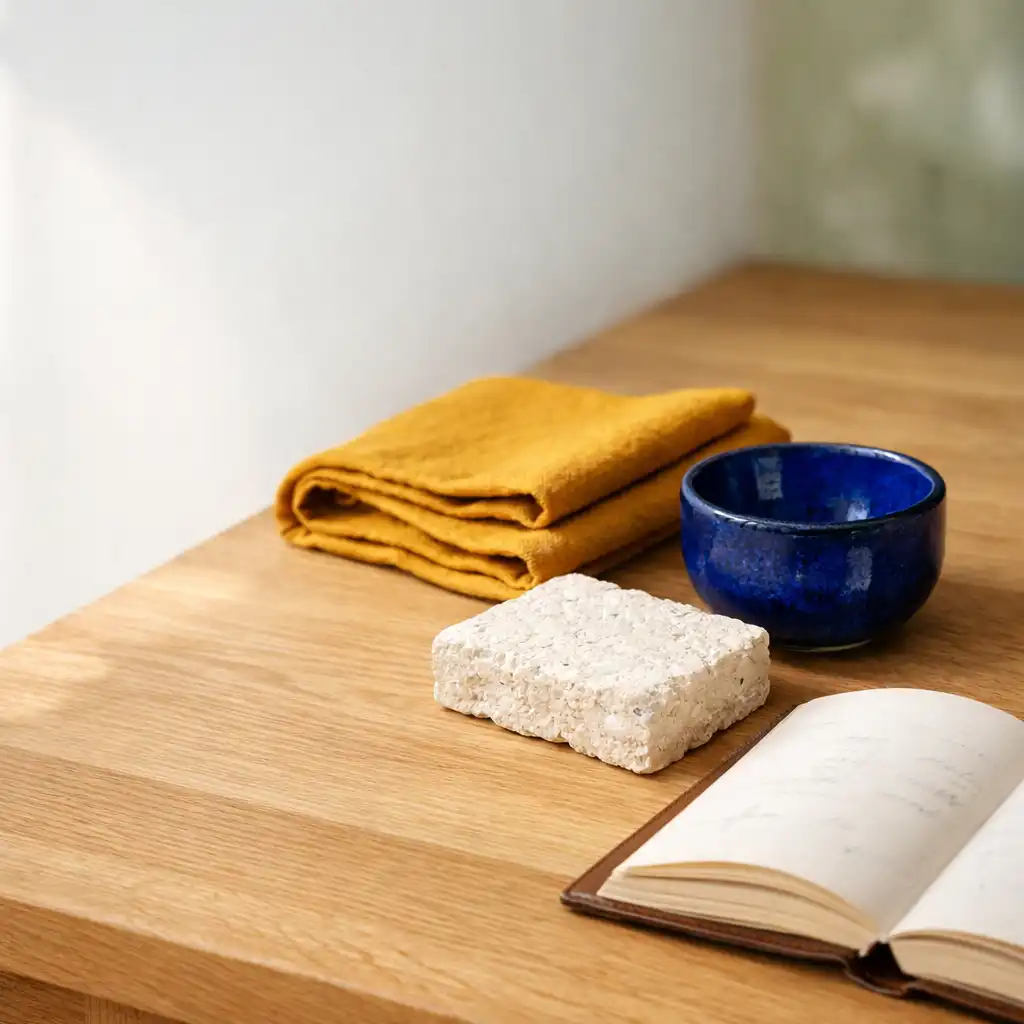 Plateau de chêne clair, céramique bleu cobalt et textile safran dans un atelier culinaire