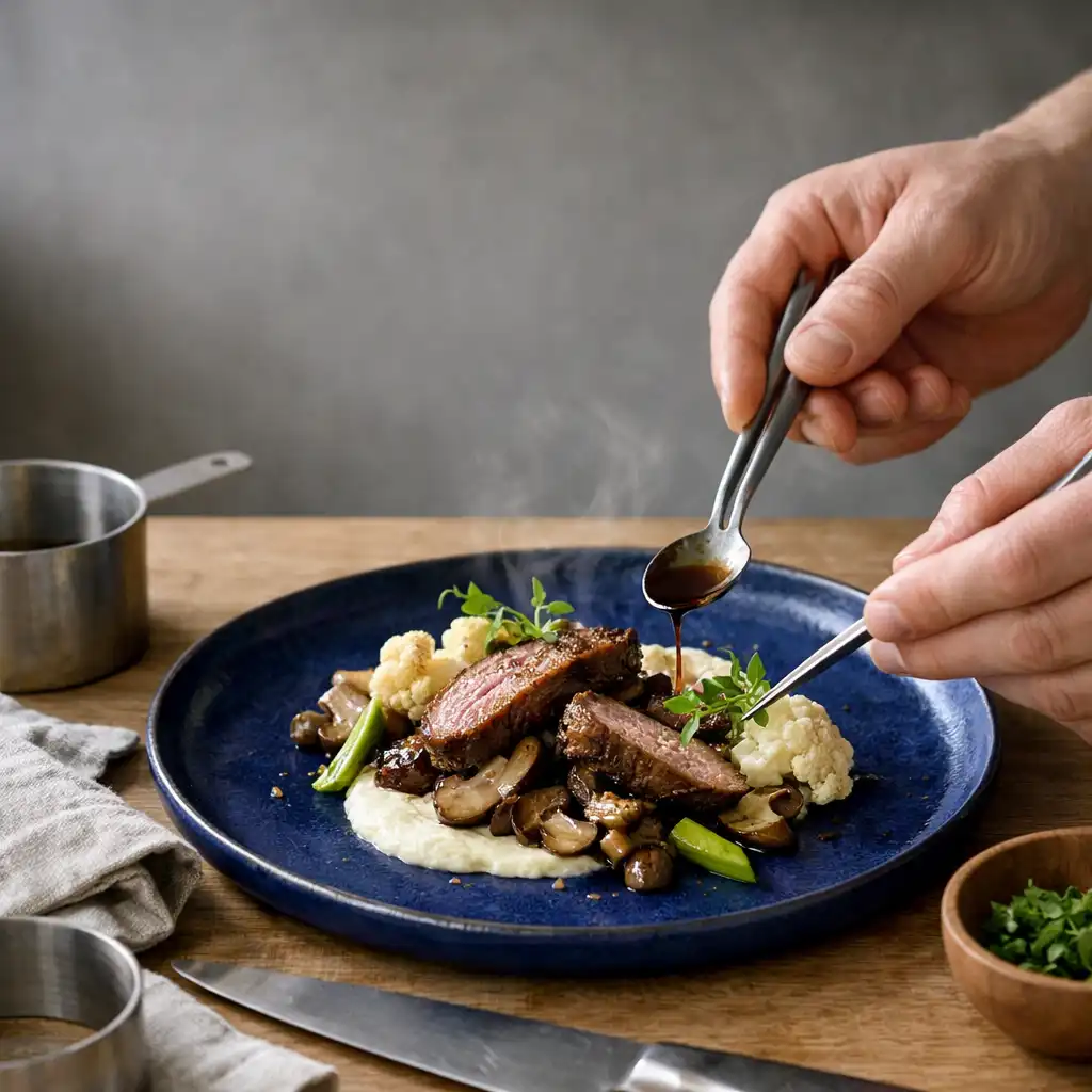 Mains de chef terminant une assiette saisonnière sur une passe de cuisine