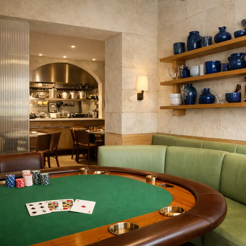 Card Room intégrée au restaurant, avec table de poker, banquette et ouverture vers la cuisine