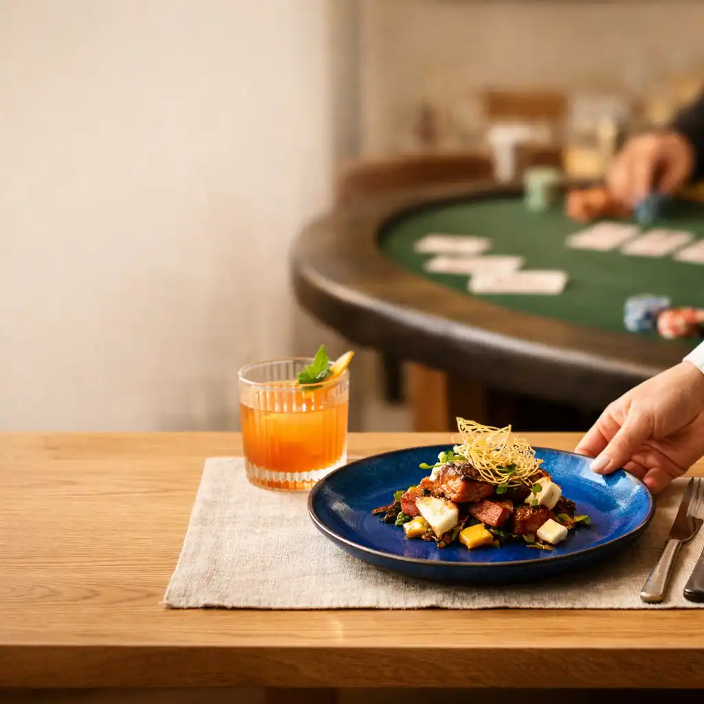 Assiette raffinée et cocktail au premier plan, table de poker physique visible à l’arrière-plan