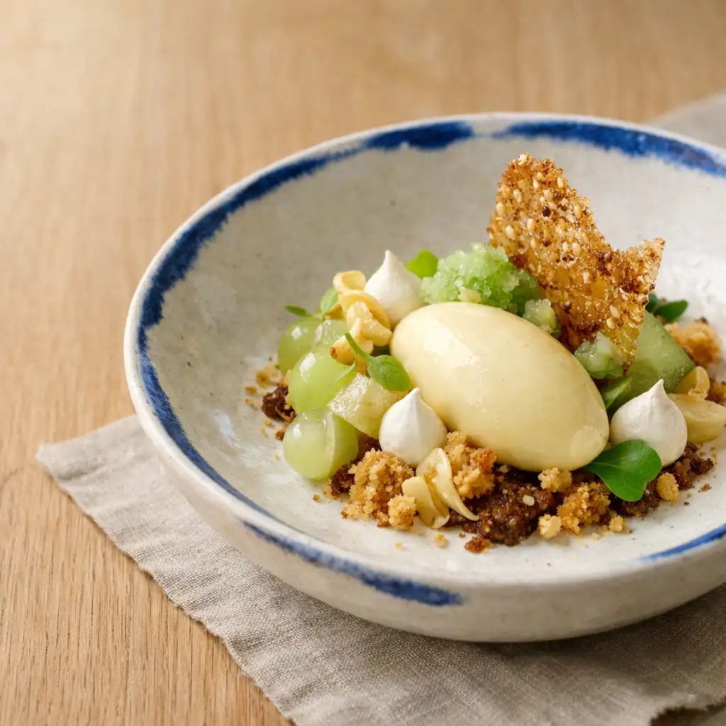 Dessert contemporain de saison servi sur une céramique claire