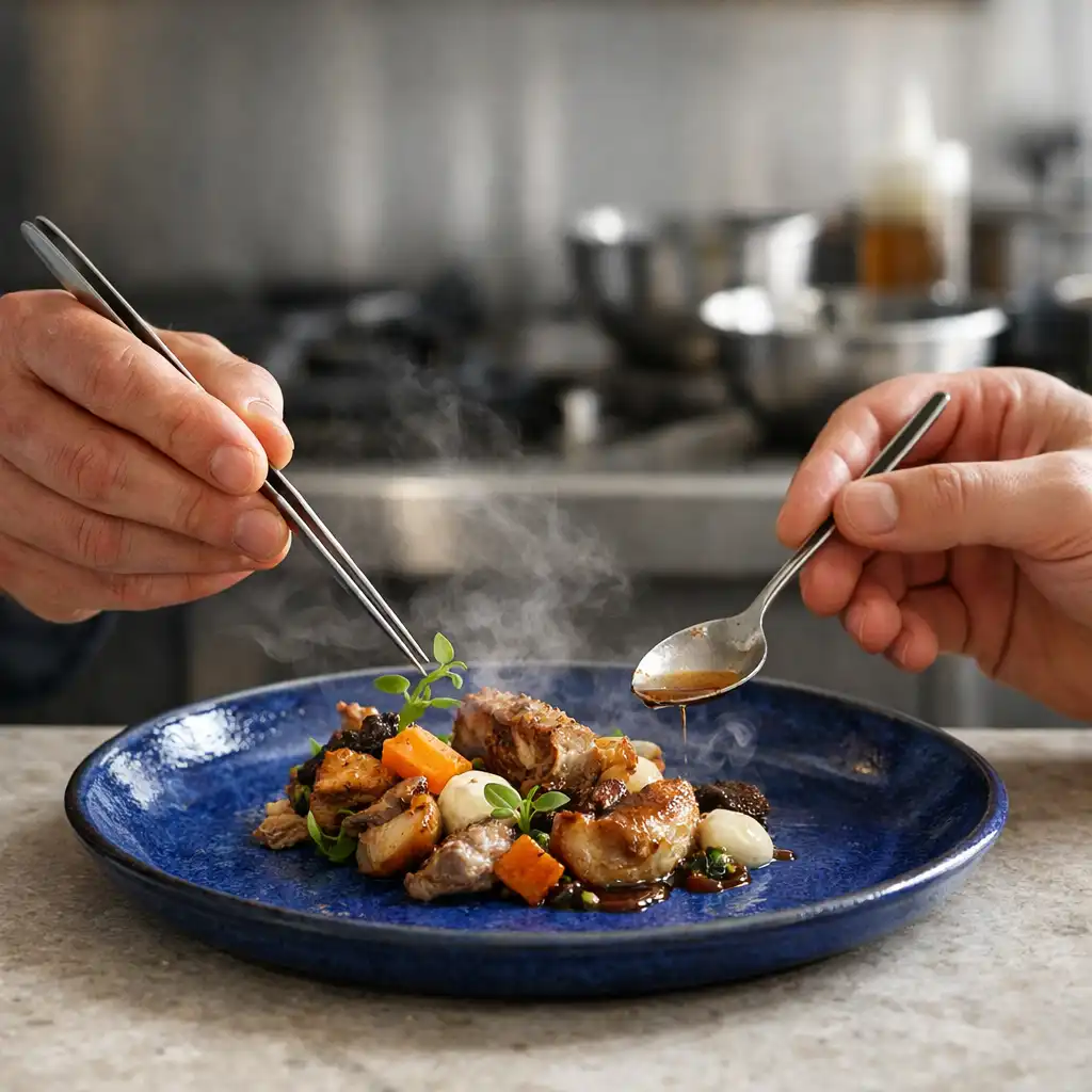 Mains dressant une assiette dans une cuisine ouverte contemporaine