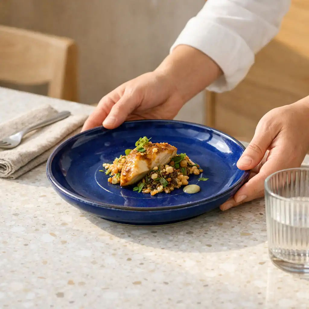 Mains posant une assiette en céramique bleu cobalt sur une table de restaurant