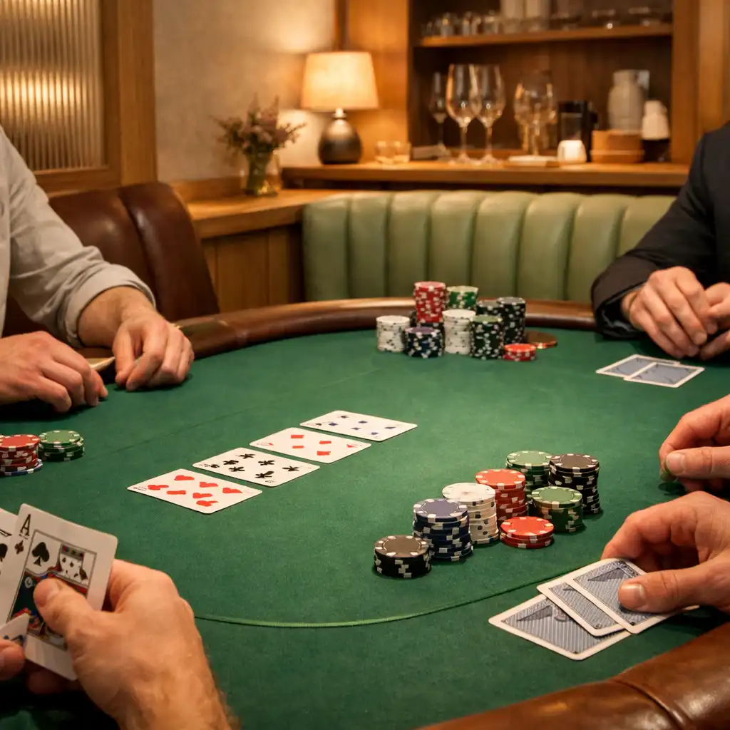 Adultes réunis autour d’une vraie table de poker Texas Hold’em dans un restaurant