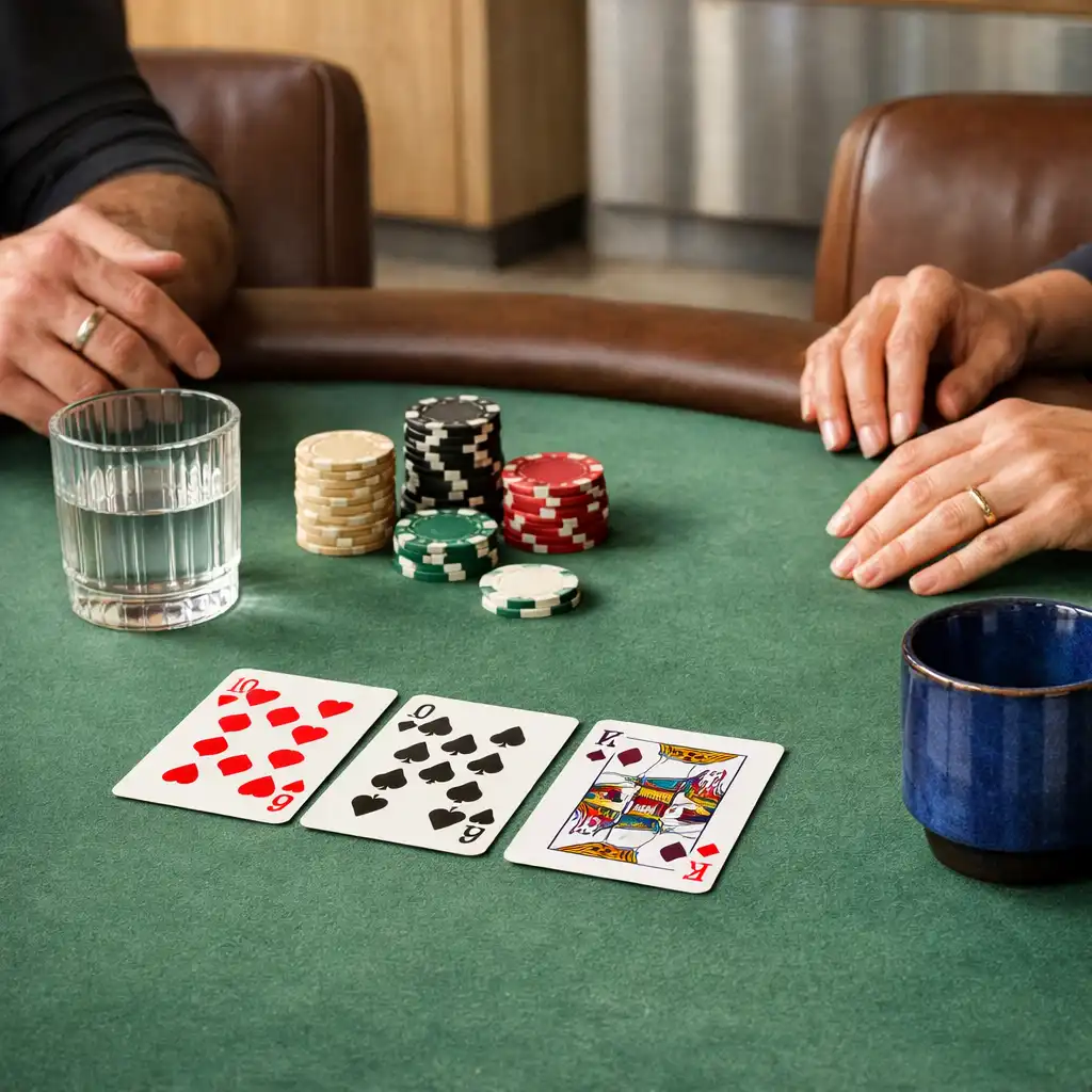 Détail d’une vraie table de poker avec cartes physiques, feutre vert et mains adultes