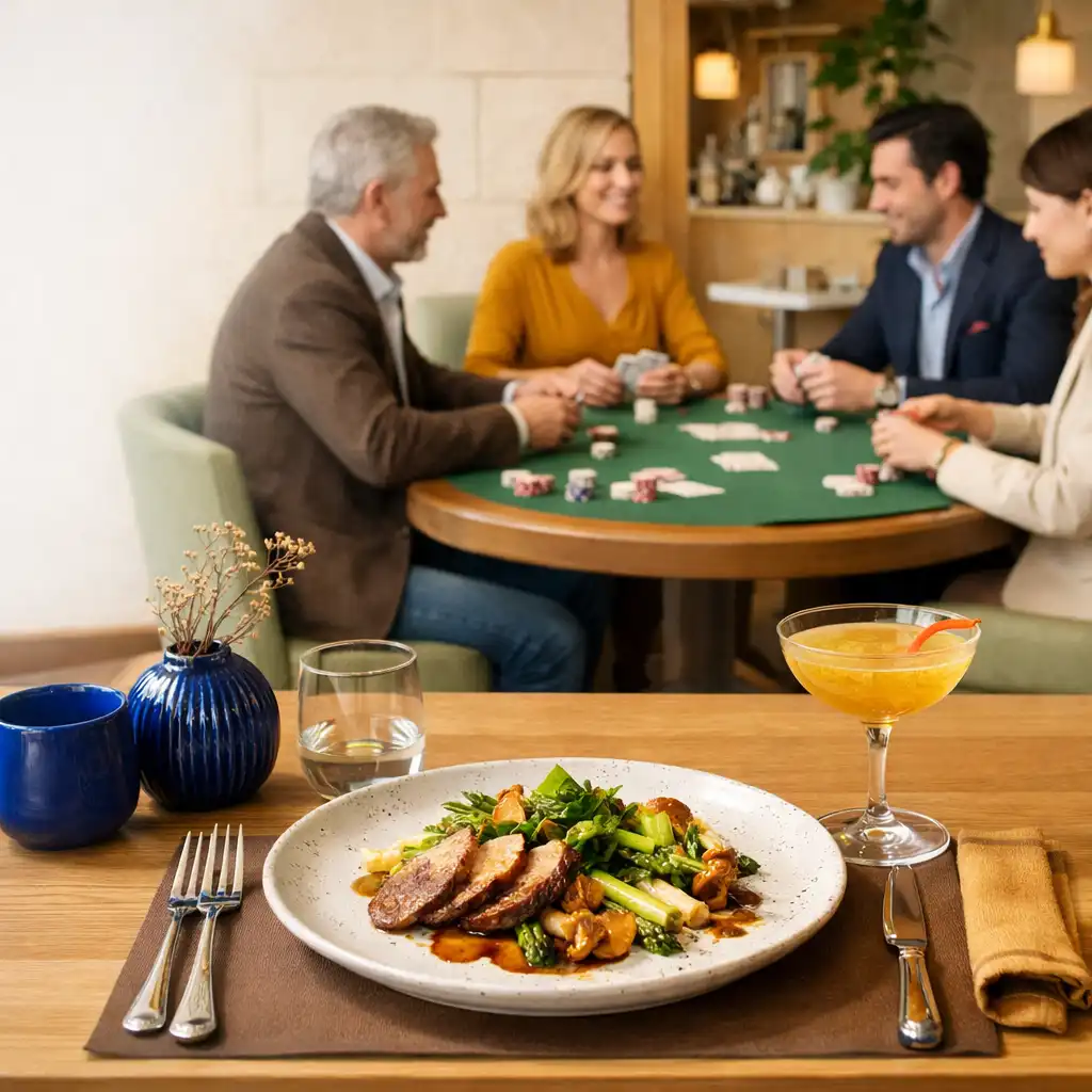 Table de dîner raffinée au premier plan et adultes autour d’une vraie table de poker dans le restaurant
