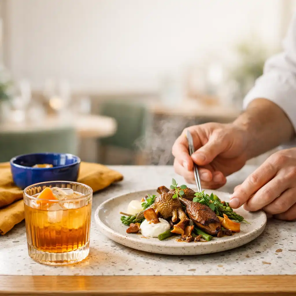 Geste de cuisine sur une assiette saisonnière avec un cocktail dans un restaurant contemporain