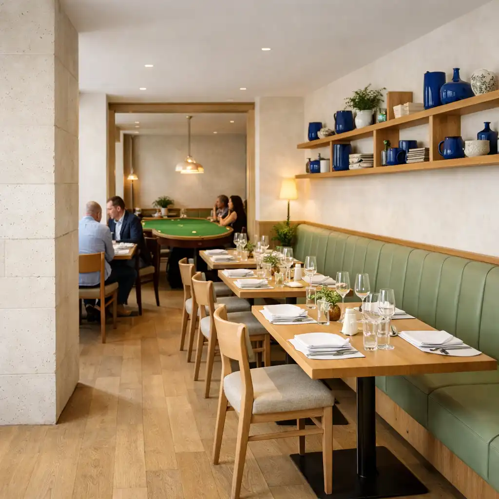 Salle lumineuse du restaurant avec tables dressées et table de poker intégrée au fond