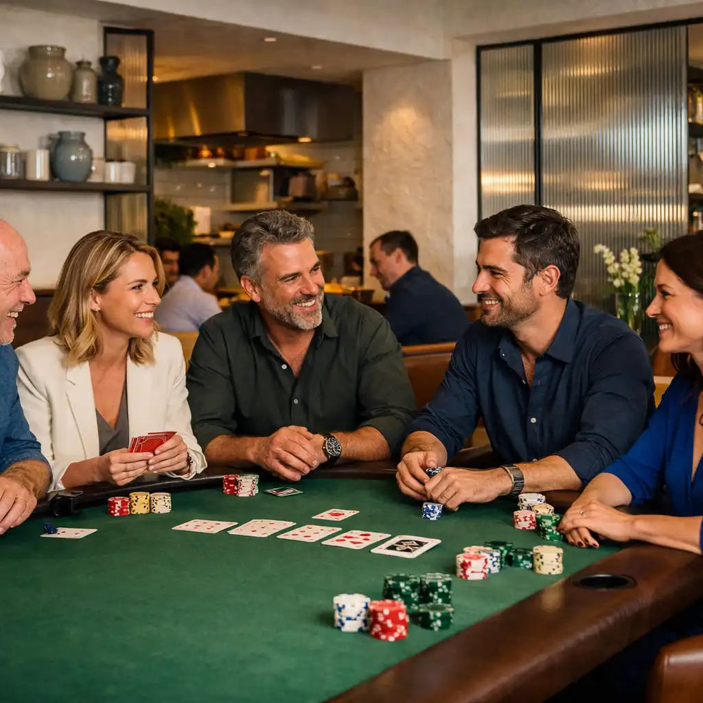 Adultes en conversation autour d’une grande table de poker en feutre vert dans le Salon de Poker