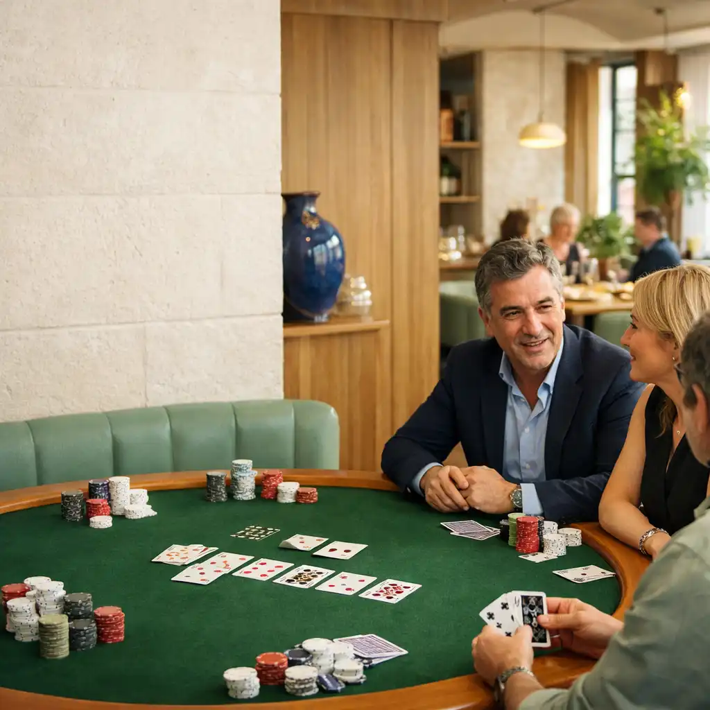 Table de poker physique en feutre vert dans un intérieur de restaurant lumineux