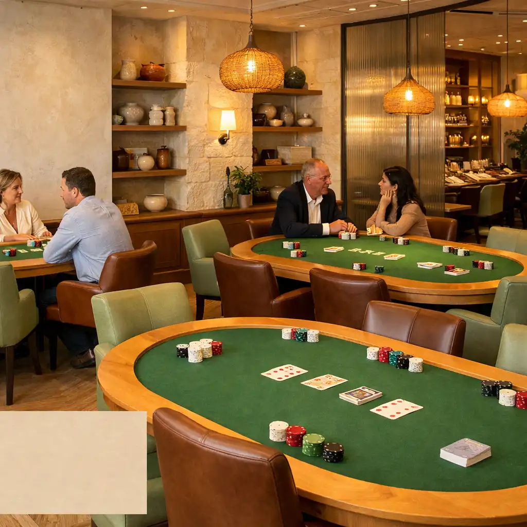 Card Room intégrée au restaurant avec plusieurs vraies tables de poker en bois et feutre vert