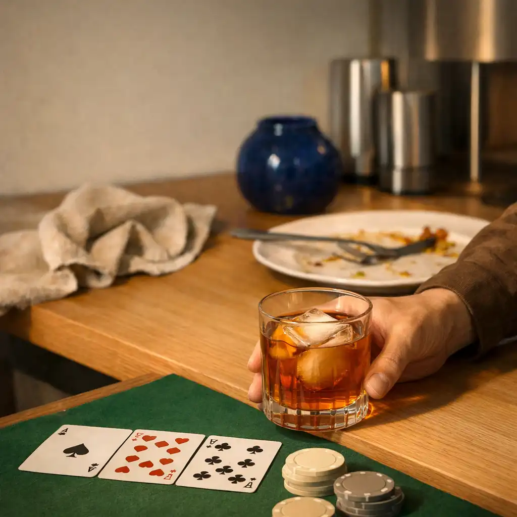 Cocktail posé près de cartes physiques et de jetons neutres sur une table de poker en feutre vert