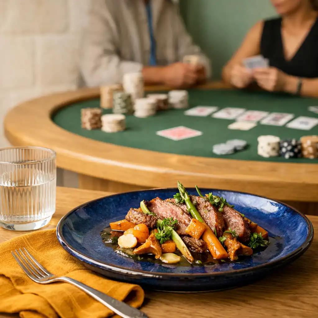Assiette contemporaine au premier plan et vraie table de poker en bois avec feutre vert dans le restaurant